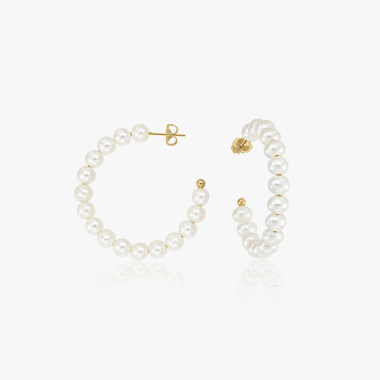 Cercei din argint Golden Pearl Hoops - Perle naturale - Indira